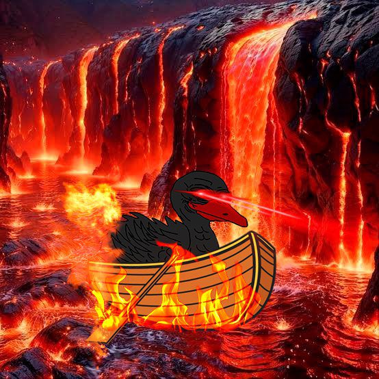 DUDU in a burning boat on a lava river